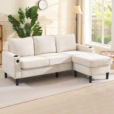 L-Shaped Couch Sofa, Corner Sofa 3 Seater Sofa, Sectional Sofa Couches With USB, Cup Holder, For Apartment Living Room Beige