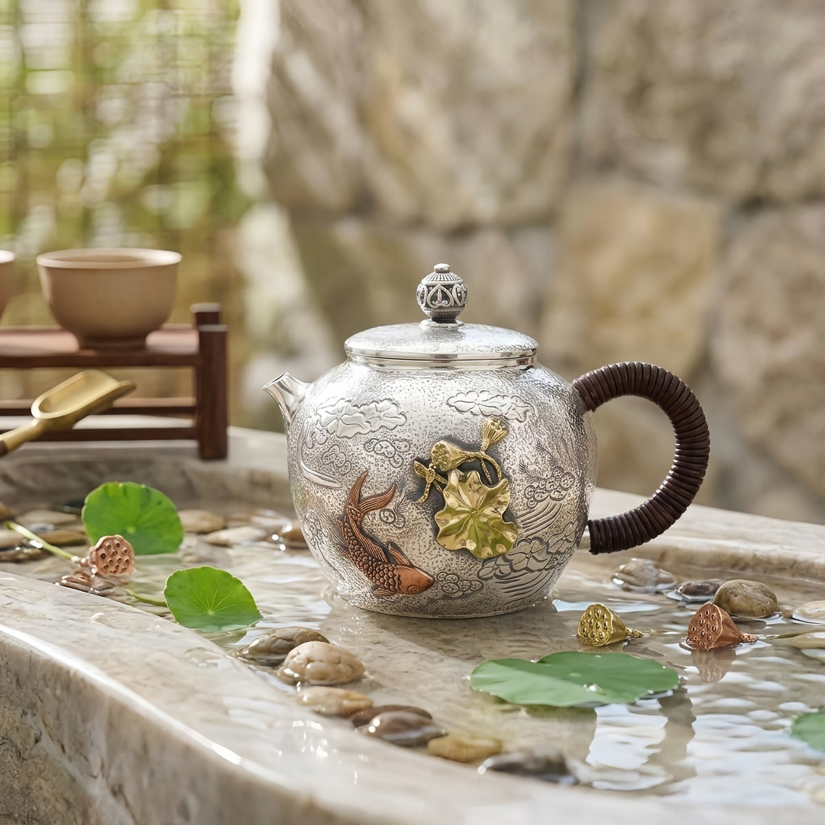 Pure 999 Fine Silver Handcrafted Silver Teapot Featuring Embossed Carp and Lotus Motifs with Woven Handle - Handicraft