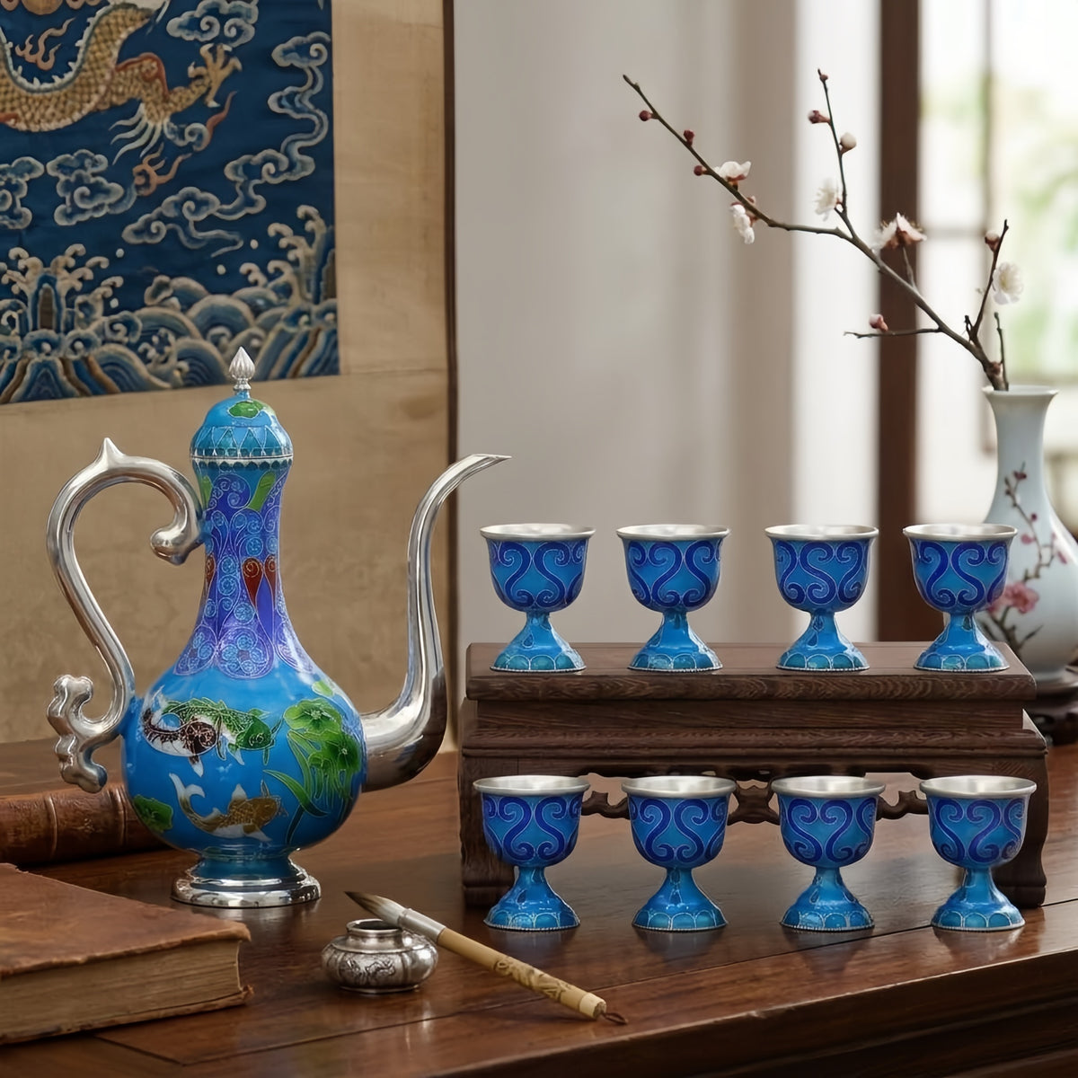 925 Sterling Silver Enamel and  Teapot Set with Eight Cups: Ornate Blue Design on Wooden Stand - Handicraft