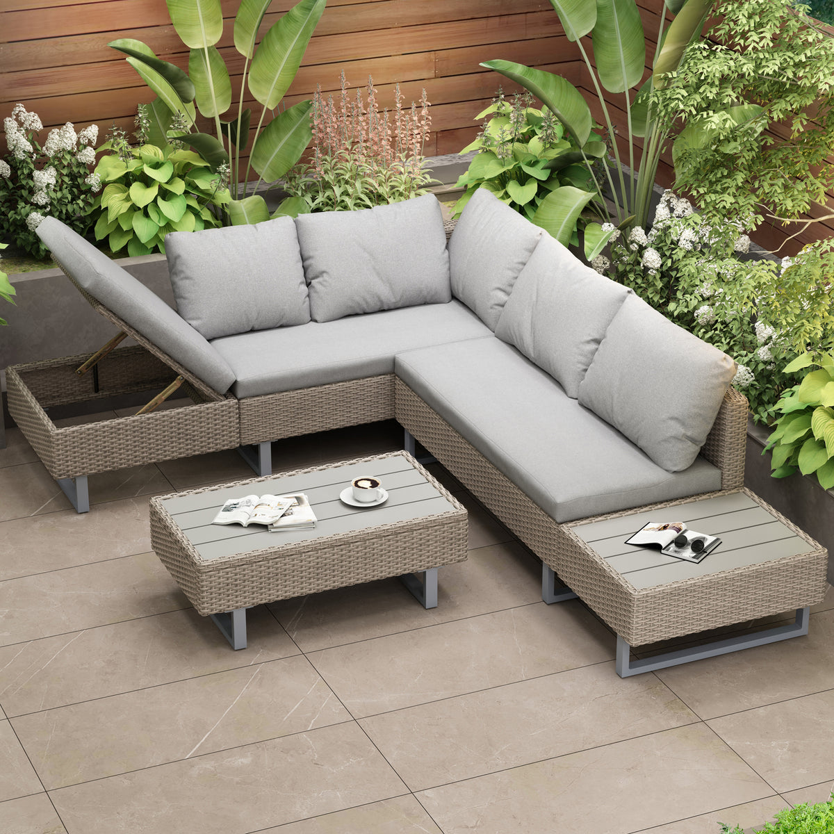 Mixed Khaki Rattan Corner Sofa Set,Industrial Style,with Coffee Table,Garden Furniture Set,Anti-UV Cushions Removable Covers,Khaki