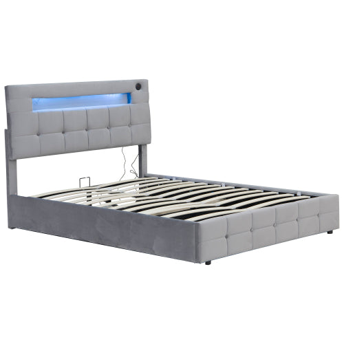 4ft6 Double Upholstered Bed Frame With Hydraulic Storage, Velvet Ottoman Bed With LED Lighting And Charging Station, Double Bed With Adjustable Button Tufted Headboard, Beige