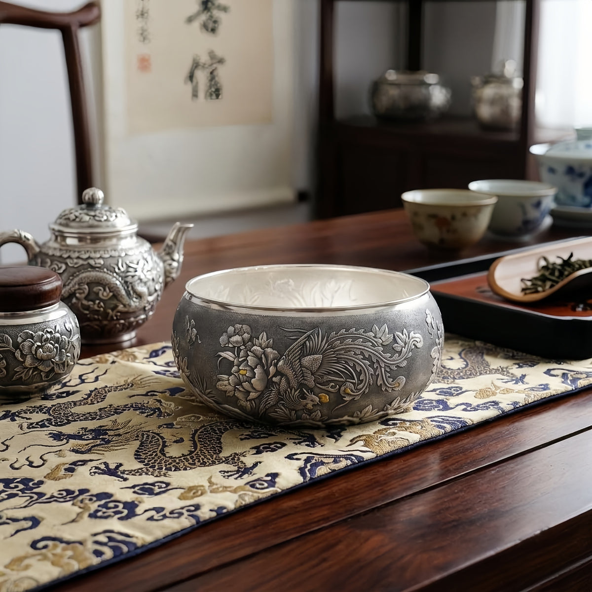 Pure 999 Fine Silver Hand-Engraved Sterling Silver Bowl Featuring Traditional Phoenix and Peony Blossom Motifs - Handicraft