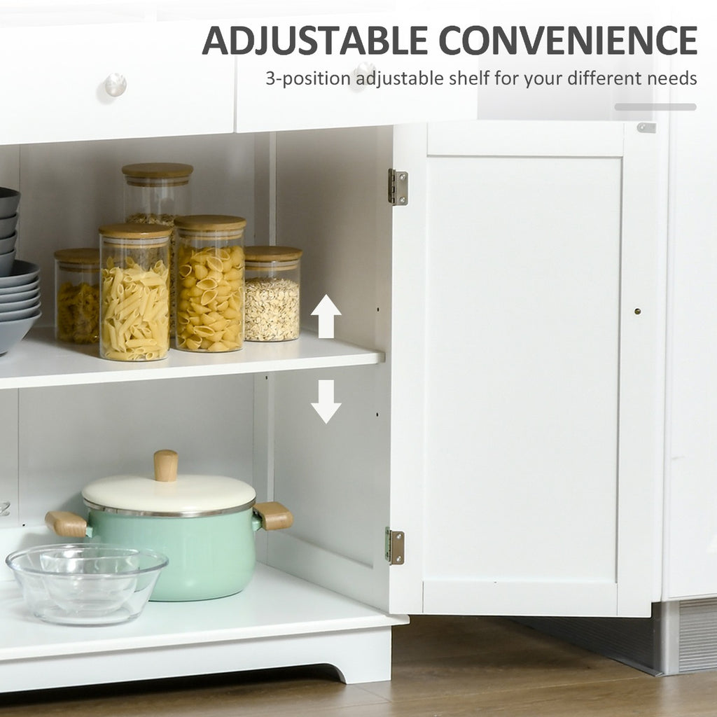 Kitchen Storage Cabinet, Sideboard Floor Cupboard With Solid Wood Top, Adjustable Shelf & 2 Drawers For Living Room, Hallway, White