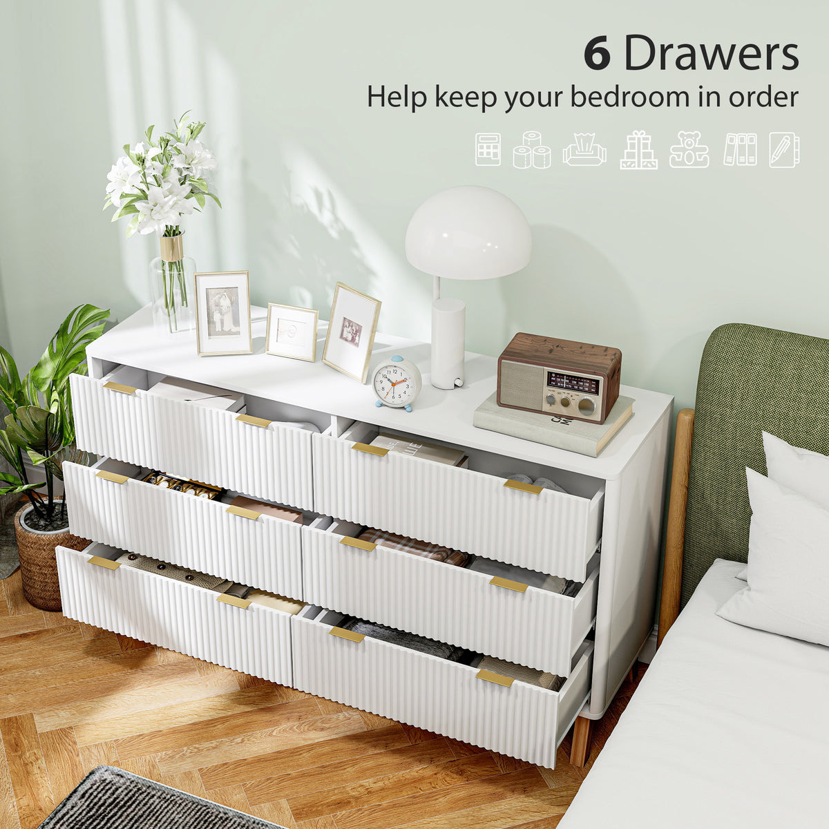 6 Drawer Double Dresser For Bedroom, Fluted Chest Of Drawers With Gold Finger Pulls And 5 Wood Legs, White