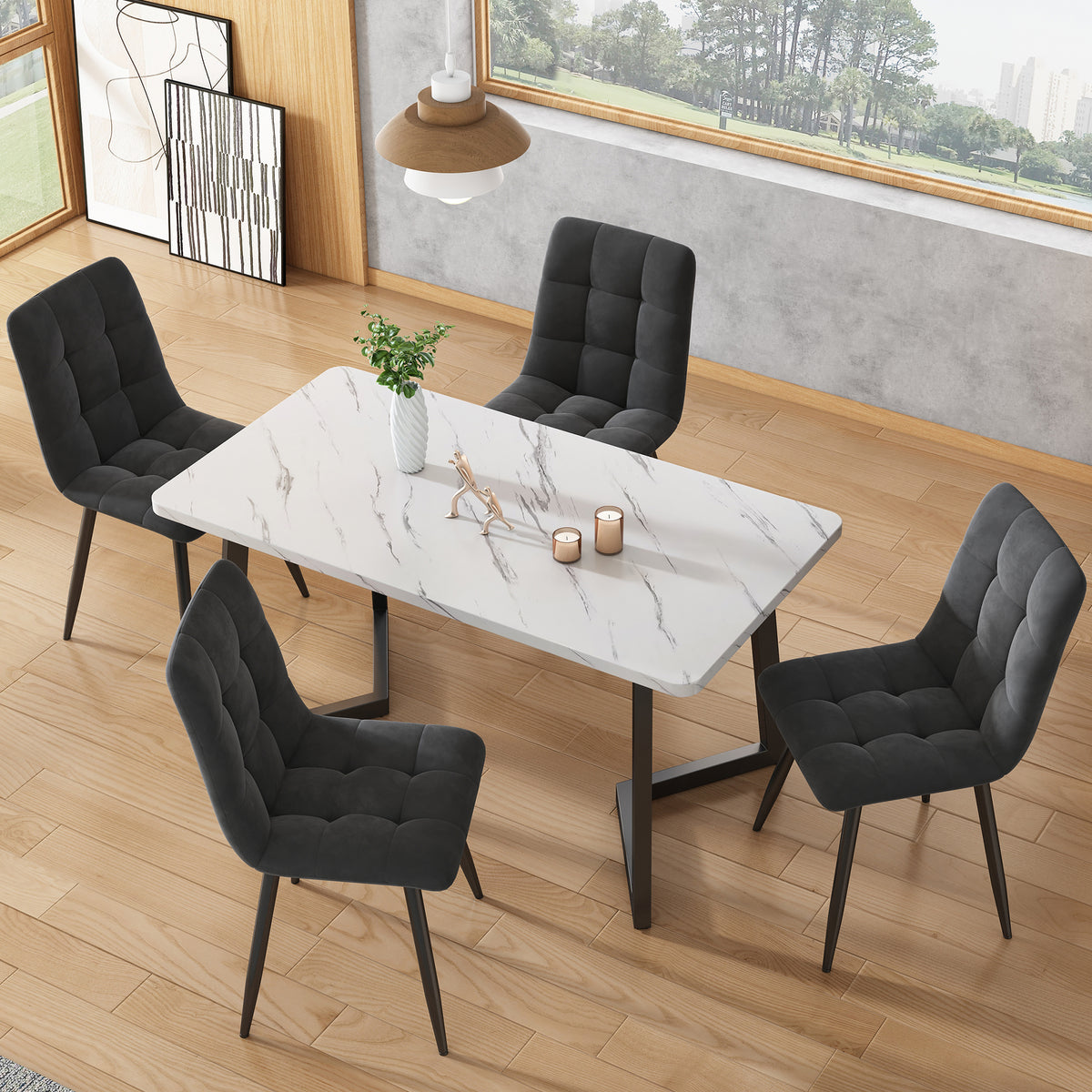 117x68cm Dining Table,1-St, Metal Frame Rectangular Dining Table Modern Marble Pattern Kitchen Table With Metal Legs For Dining Room Living Room, BlackWhite