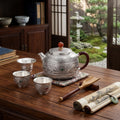 Pure 999 Fine Silver Handcrafted Silver Teapot with Intricate Floral Engravings and Gemstone Accents - Handicraft