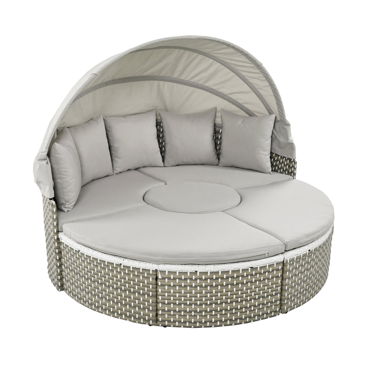 TOPMAX Patio Furniture Round Outdoor Sectional Sofa Set Rattan Daybed Two-Tone Weave Sunbed With Retractable Canopy, Separate Seating And Removable Cushion, Gray