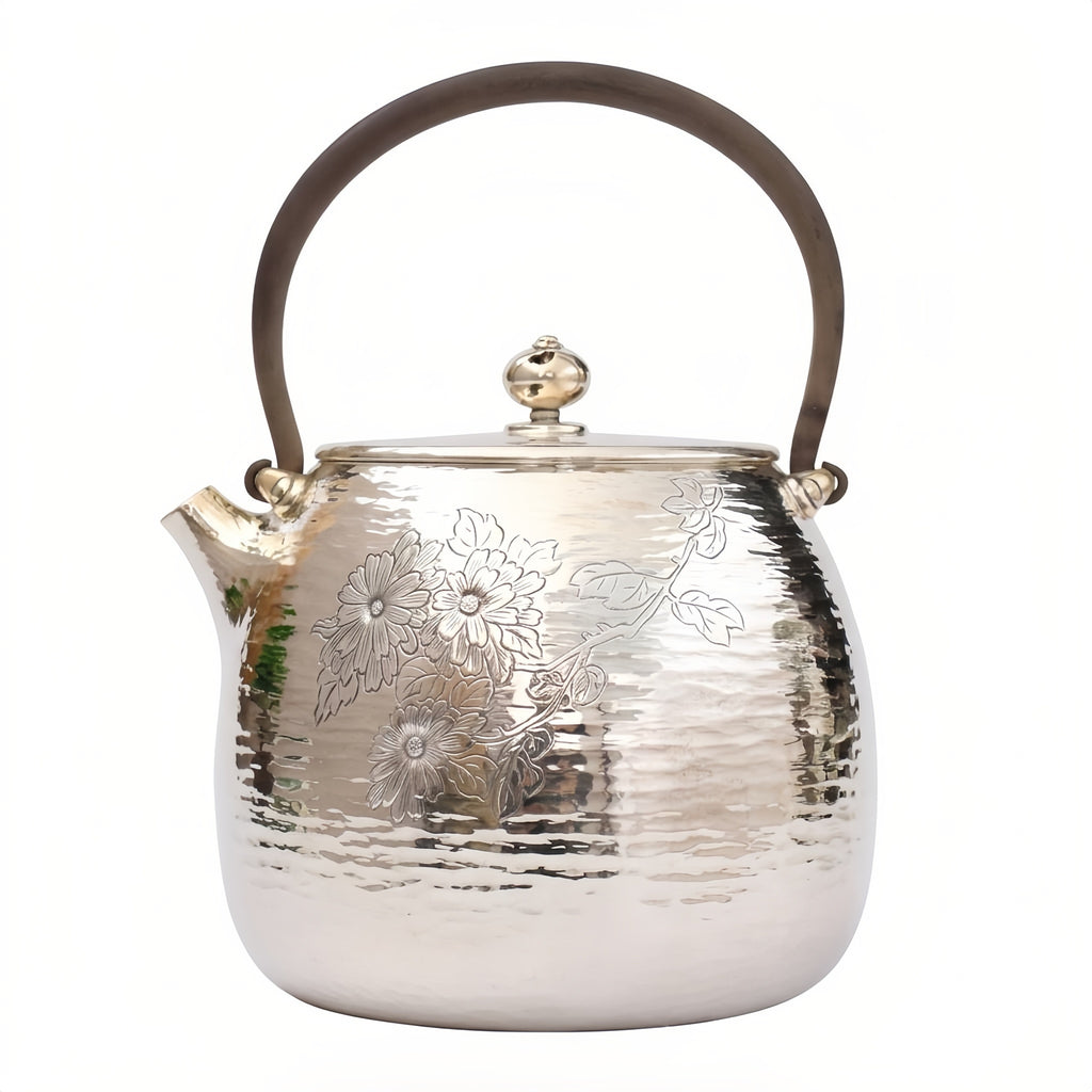 Pure 999 Fine Silver Handcrafted Silver Teapot with Engraved Chrysanthemum Motif and Hammered Finish - Handicraft
