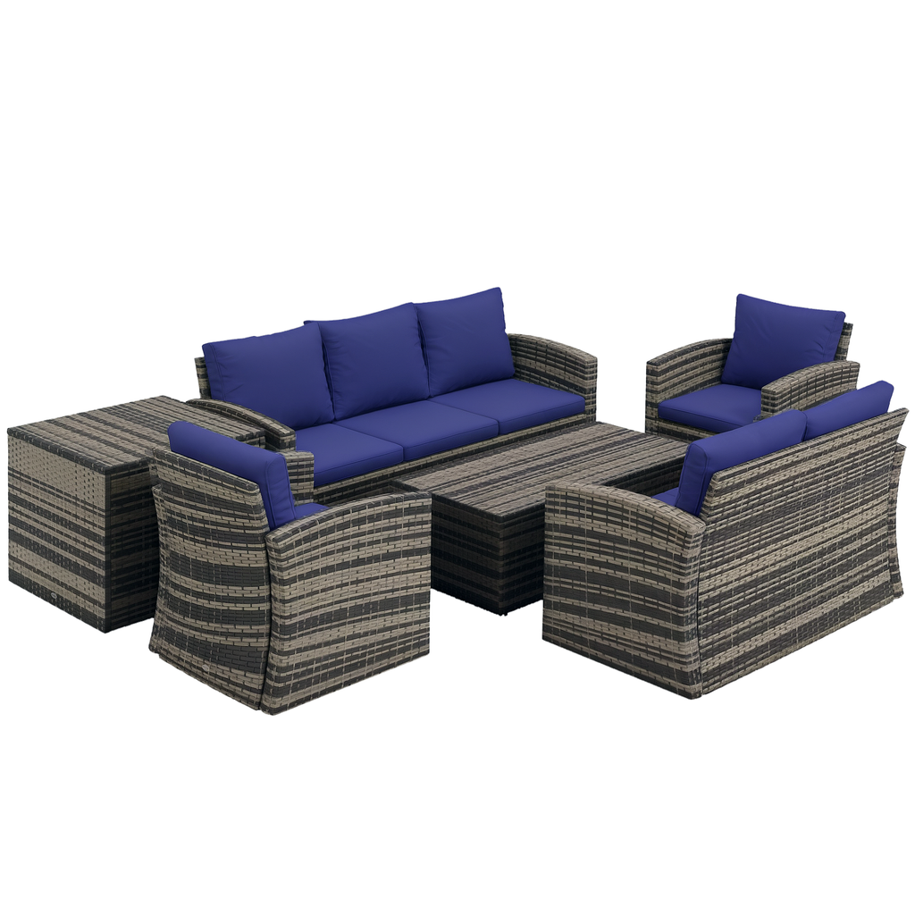 6 Pieces Rattan Garden Furniture Set, 7 Seater Wicker Outdoor Furniture Set With Storage Tea Table & Side Table, Sectional Garden Sofa Set With Cushions, Navy Blue