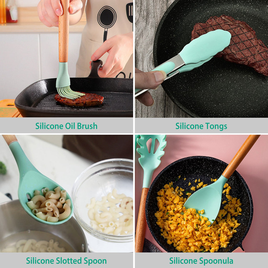 2 Color Options -- Set Of 11Pcs Silicone Cooking Utensil Set Heat Resist Wooden Handle Silicone Spatula Turner Ladle Spaghetti Server Tongs Spoon Egg Kitchenware Set With Holder