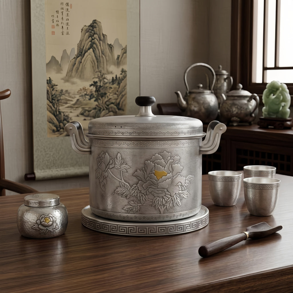 Pure 999 Fine Silver Hand-Engraved Silver Cooking Pot Featuring Elegant Peony Floral Motifs and Traditional Geometric Borders - Handicraft