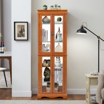 Lighted Glass Curio Display Cabinet,Display Cabinet,Glass Storage Cabinet Glass Wine Cabinet Wood Frame Toy Display For Living Room, Kitchen, Pantry Light Bulb Included Cherry