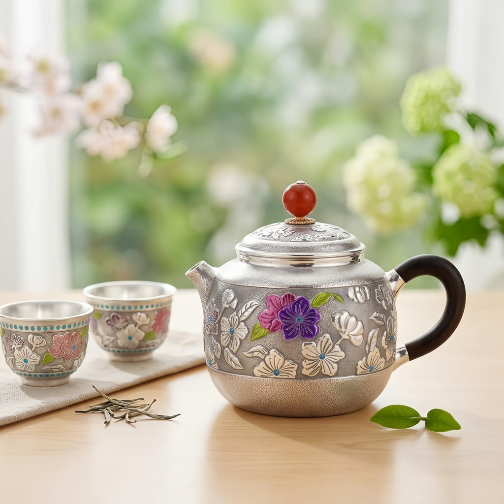 Pure 999 Fine Silver Exquisite Handcrafted Silver Teapot with Colorful Enamel Floral Details and Red Gemstone Finial - Handicraft