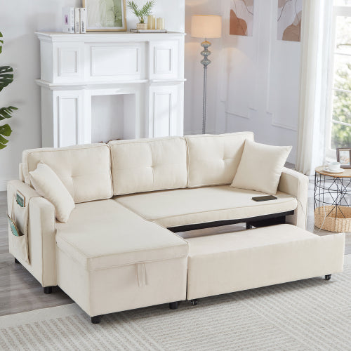 L-Shaped Pull Out Sleep Sofabed, Modern Reversible Sleeper Sectional Sofa, 3 In 1 Convertible Sofa Bed With Storage Chaise, Drop-Down Table, Cup Holders And Charging Ports