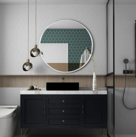 32 Inch Black Metal Framed Round Bathrrom Mirror For Wall.