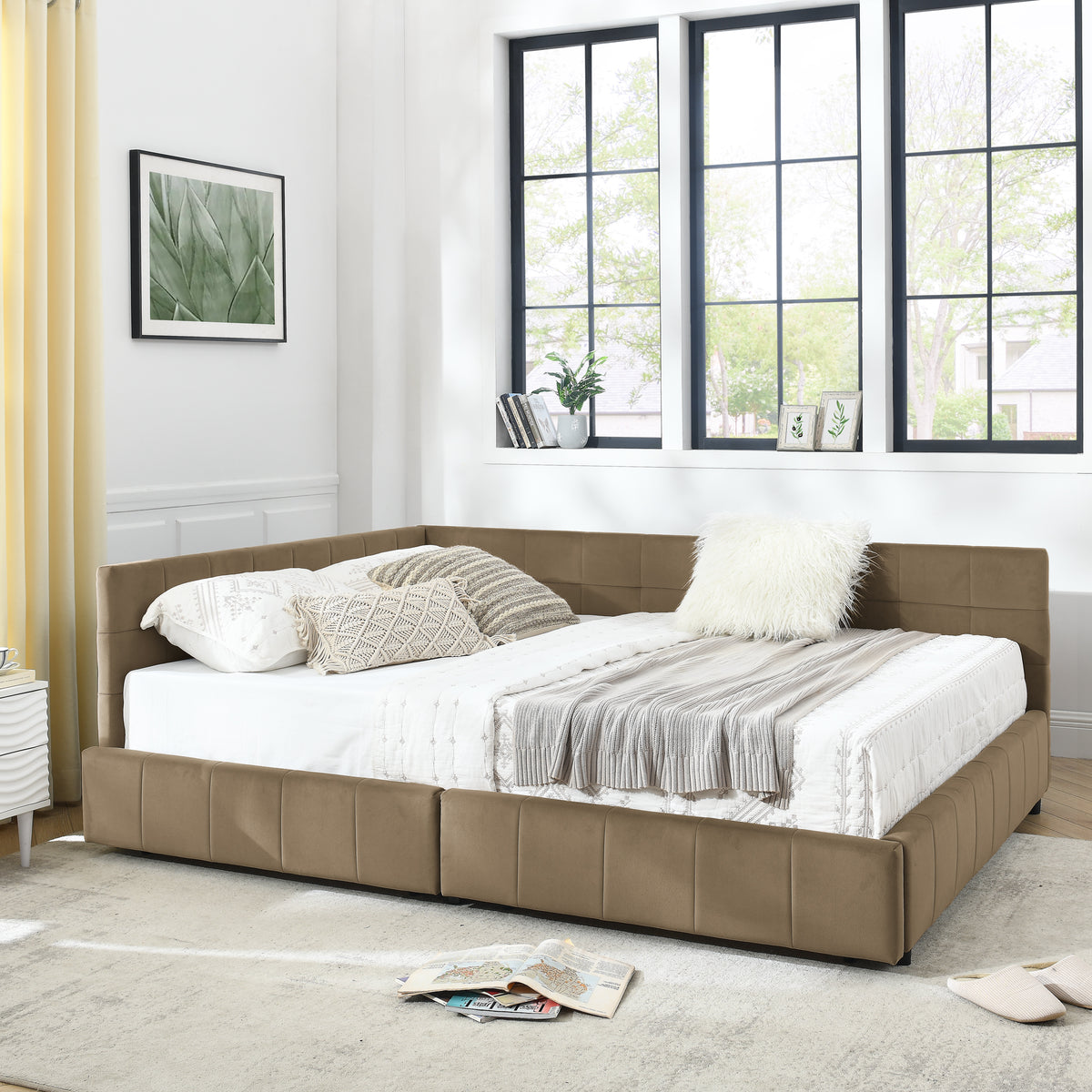Queen Size Storage Upholstered Tufted Bed Frame, Sofa Bed Frame With Comfortable Backrest And Armrests, Queen Size Bed For Bedroom, Living Room,Velvet, BROWN 85.5x64.5x29.5