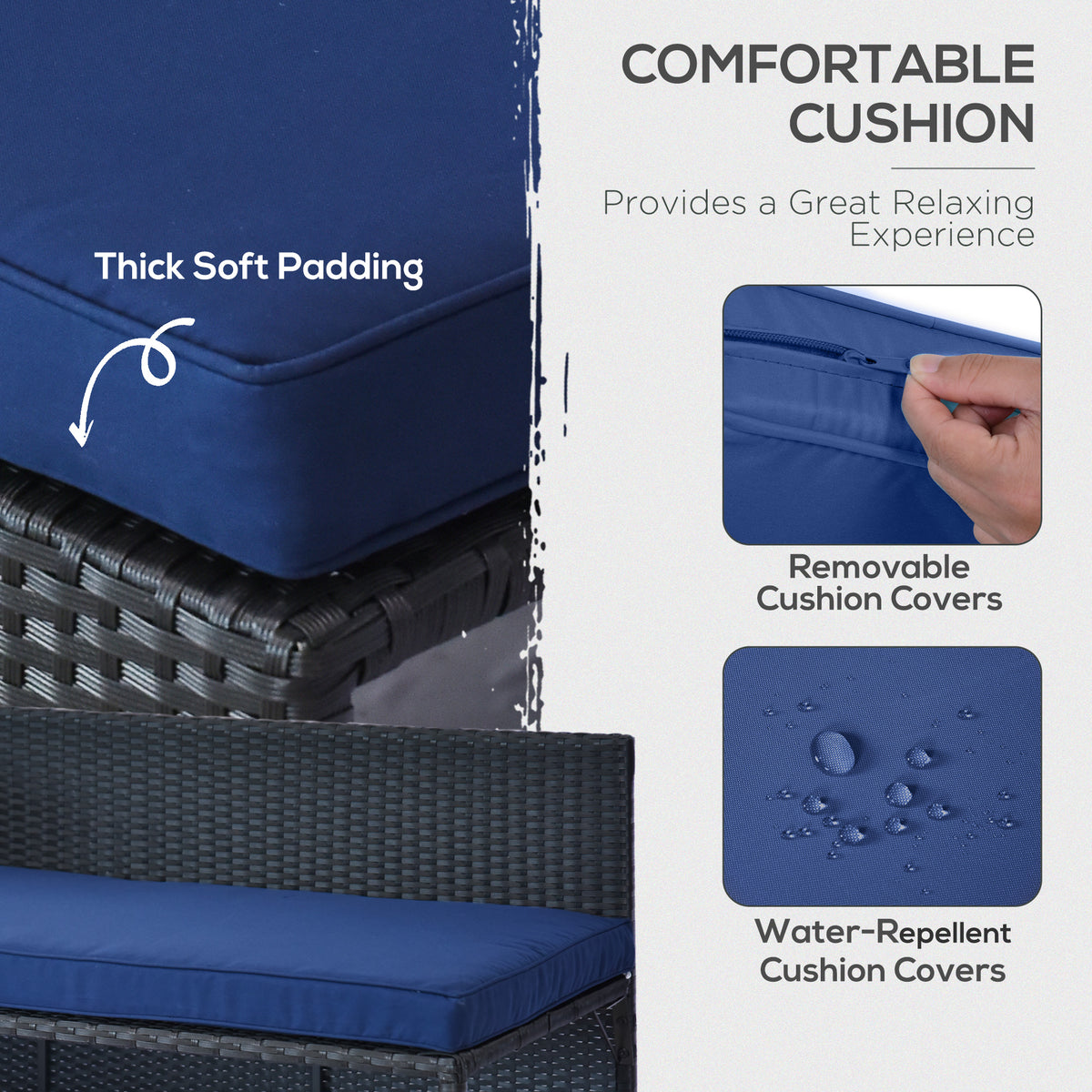 3 Piece Patio Furniture Set, Rattan Outdoor Sofa Set with Chaise Lounge & Loveseat, Soft Cushions, Tempered Glass Table, L-Shaped Sectional Couch, Blue