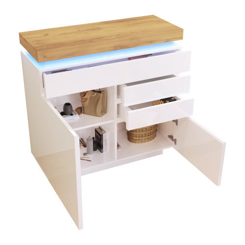 Chest Of Drawers,High-gloss Sideboard Cabinet With 2 Doors And 3 Drawers,Storage With RGB LED App-controlled,Multi-purpose Cabinet For Living Room And Bedroom, 115 X 110 X 39 Cm, White