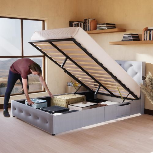 Queen Size Bed Frame With Storage - Lift Up Storage Bed With Modern Wingback Headboard, USB Ports