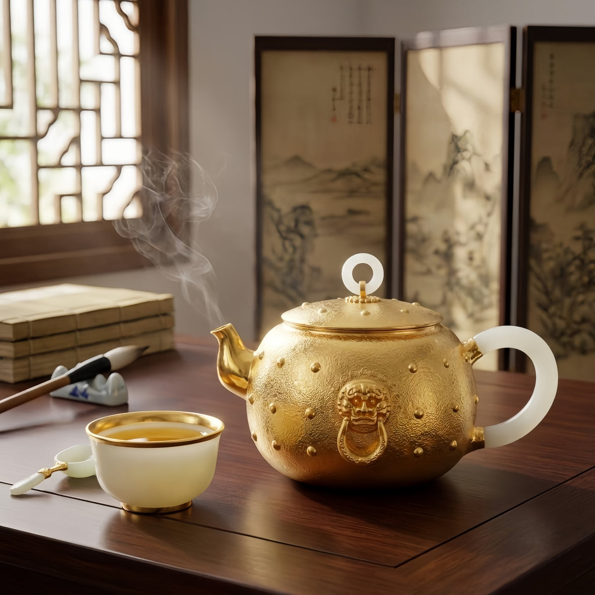Pure 999 Fine Silver Imperial Ornate Metal Teapot with White Stone Handle and Mythical Guardian Mask - Handicraft