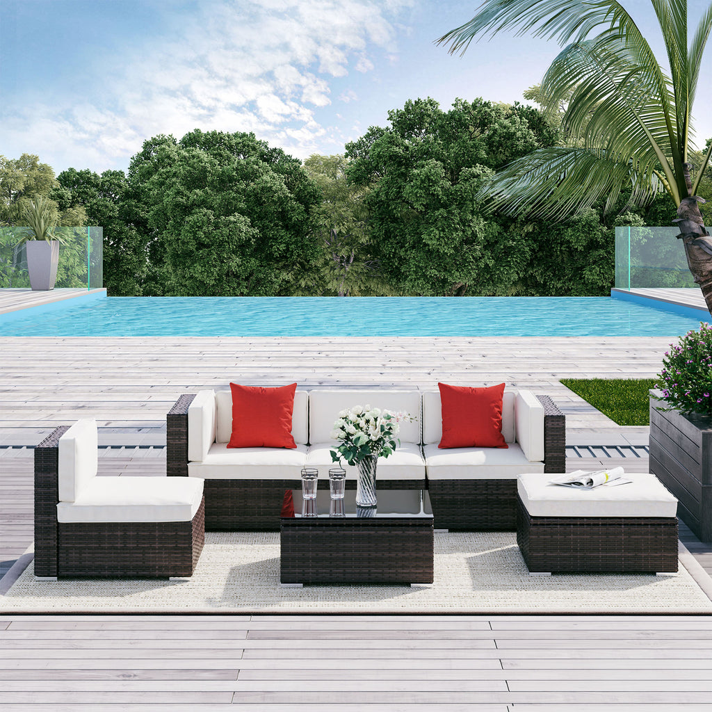6 Piece Patio Furniture Set Outdoor Wicker Conversation Set All Weather PE Rattan Sectional Sofa Set with Ottoman, Cushions and Tempered Glass Table, Mixed Brown and Cream White
