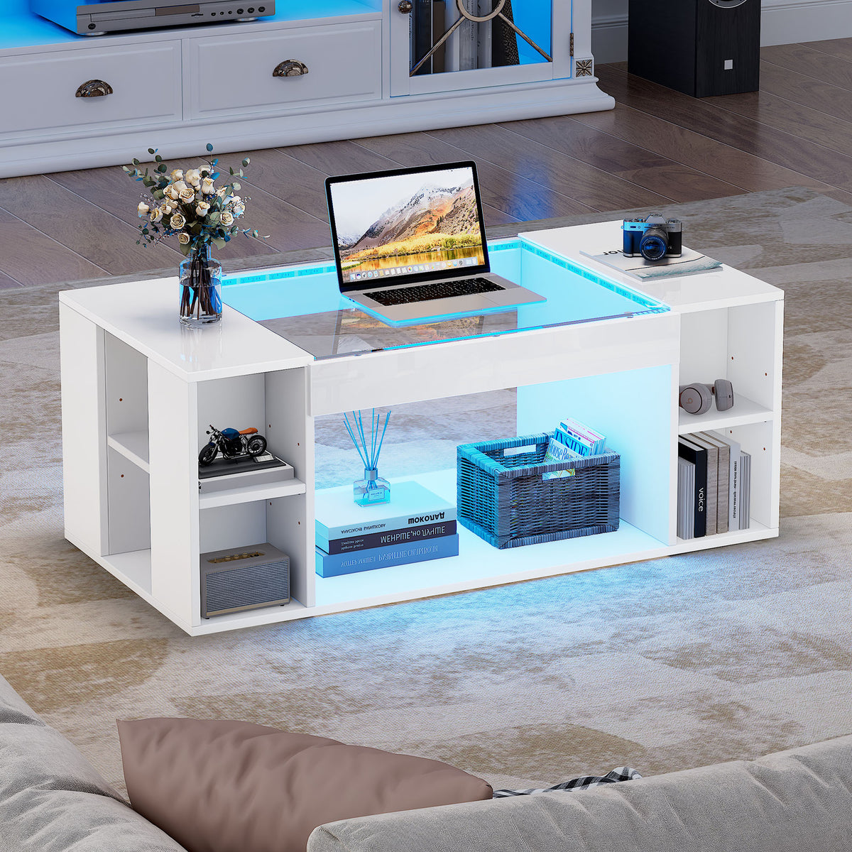 High Gloss Coffee Table With Open Storage, LED Lights