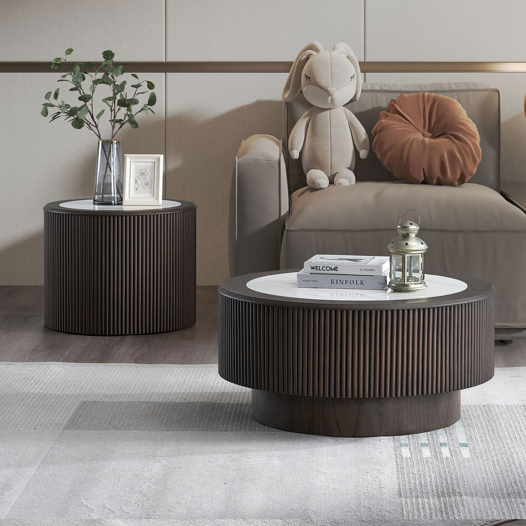 Modern Faux Marble Pattern Stickers Coffee Table Set,31.5 And 23.62 Inch Round End Coffee Table For Living Room,MDF Coffee Table With Sturdy Pedestal For Office,Dark Brown