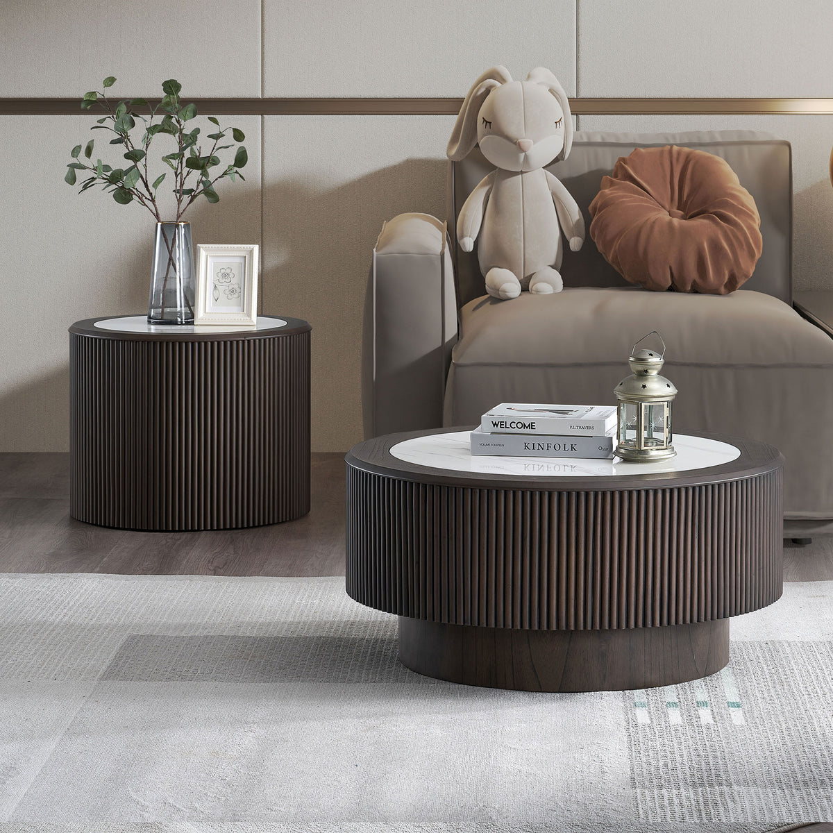 Modern Faux Marble Pattern Stickers Coffee Table Set,31.5 And 23.62 Inch Round End Coffee Table For Living Room,MDF Coffee Table With Sturdy Pedestal For Office,Dark Brown