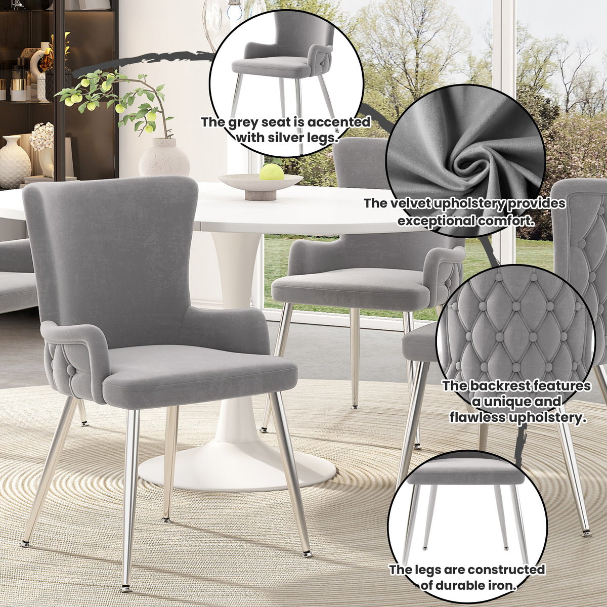 Velvet Dining Chair, Set Of 6, Luxurious Living Room Bedroom Lounge Chair With Four Silver-colored Metal Support Legs, Grey