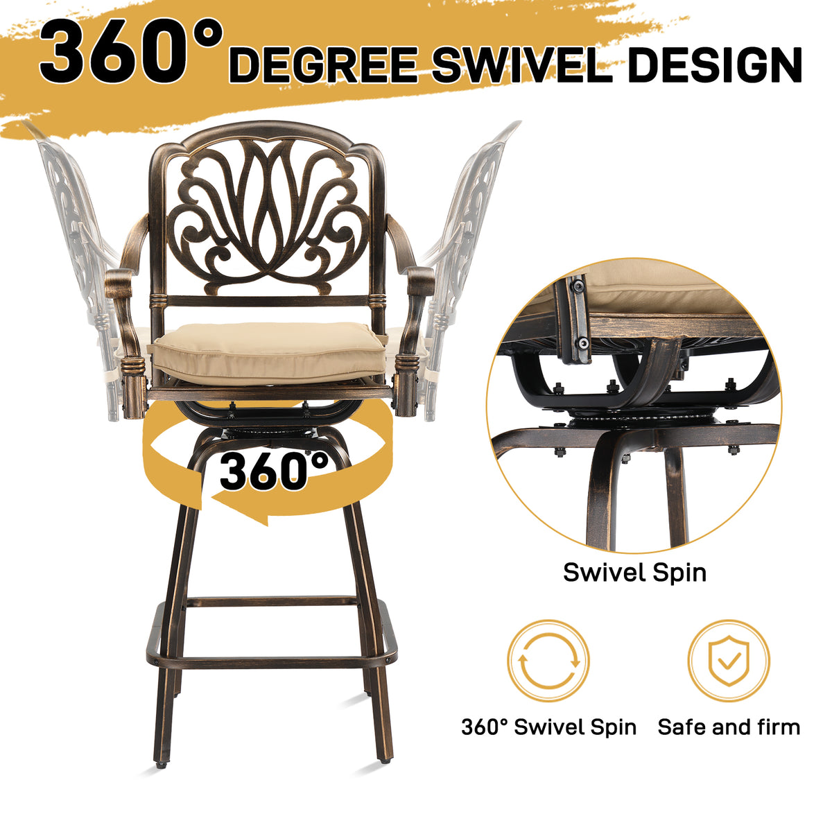 2pcs Bronze Color, Beige Cushion, Cast Aluminum Bar Stool