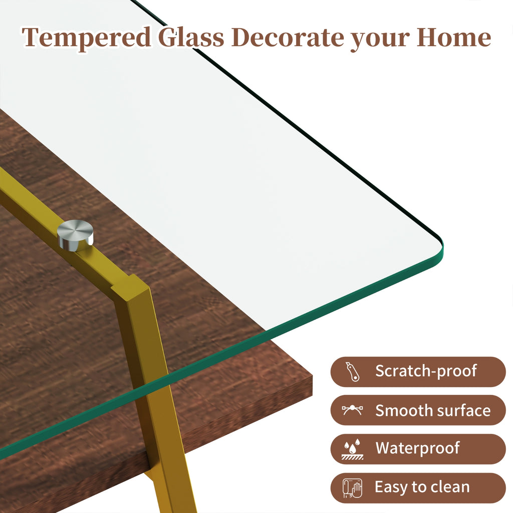 Rectangle Coffee Table, Tempered Glass Tabletop With Gold Metal Legs, Modern Table For Living Room