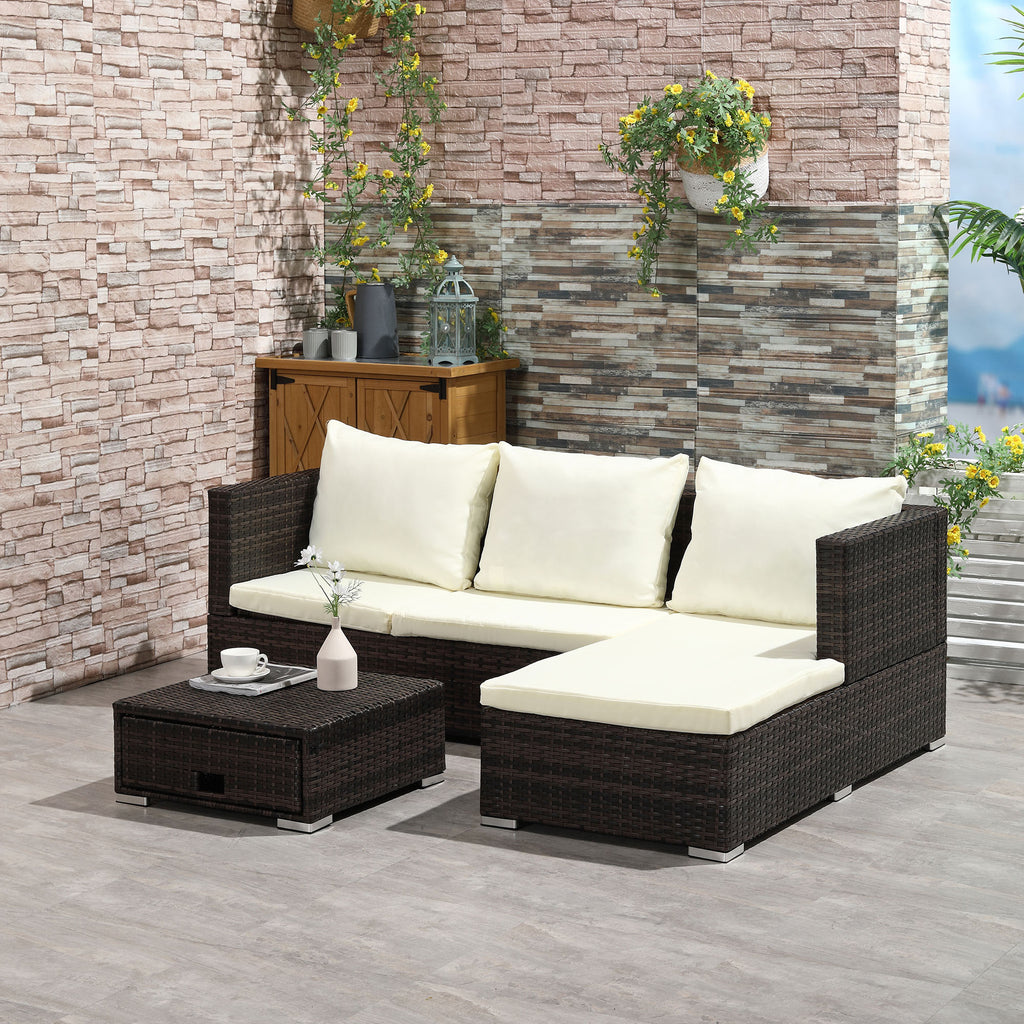3 Pieces Rattan Garden Furniture Sofa Set, 4 Seater Garden Corner Sofa With 5-Level Reclining Sun Lounger And Storage Coffee Table, Outdoor Furniture Conservatory Set With Cushions, Brown