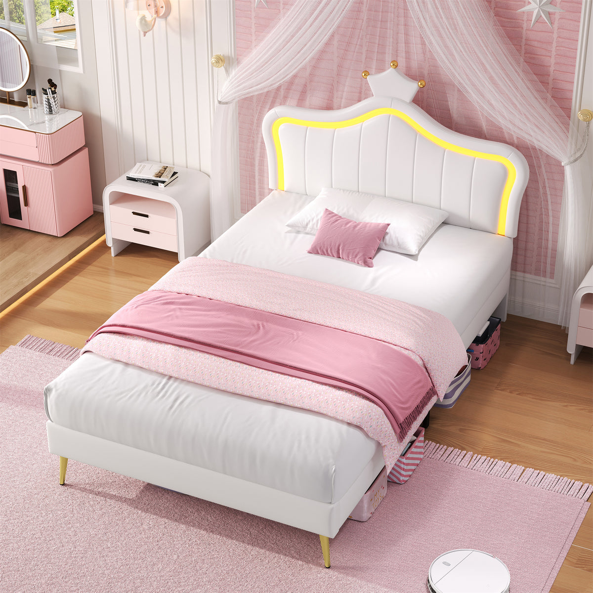 3ft Single Upholstered Bed With LED Adjustable Crown Shape Headboard, PU Leather Bed Frame With Solid Wood Slat, No Box Spring Needed, Easy Assembly, Cream White  No Mattress