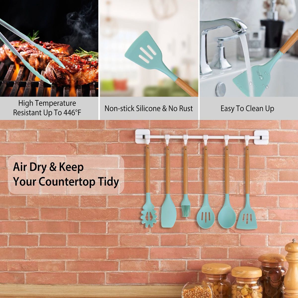2 Color Options -- Set Of 11Pcs Silicone Cooking Utensil Set Heat Resist Wooden Handle Silicone Spatula Turner Ladle Spaghetti Server Tongs Spoon Egg Kitchenware Set With Holder