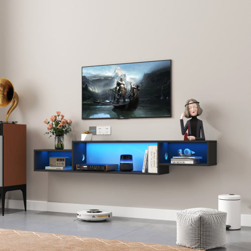 65.35in Wall Mounted Floating TV Stand With 20 Color LEDs And Charging Station