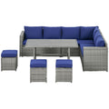 7 Piece Rattan Patio Furniture Set, Outdoor L-Shaped Sectional Sofa Conversation Set with Cushions, Storage, Dark Blue