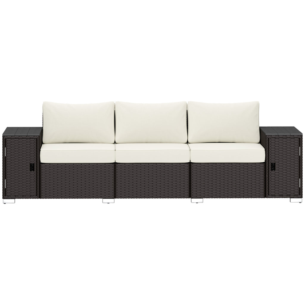3 Seater Wicker Outdoor Couch Patio Sofa With Storage, Thickened Cushions And Wide Armrests For Porch Yard, Cream White