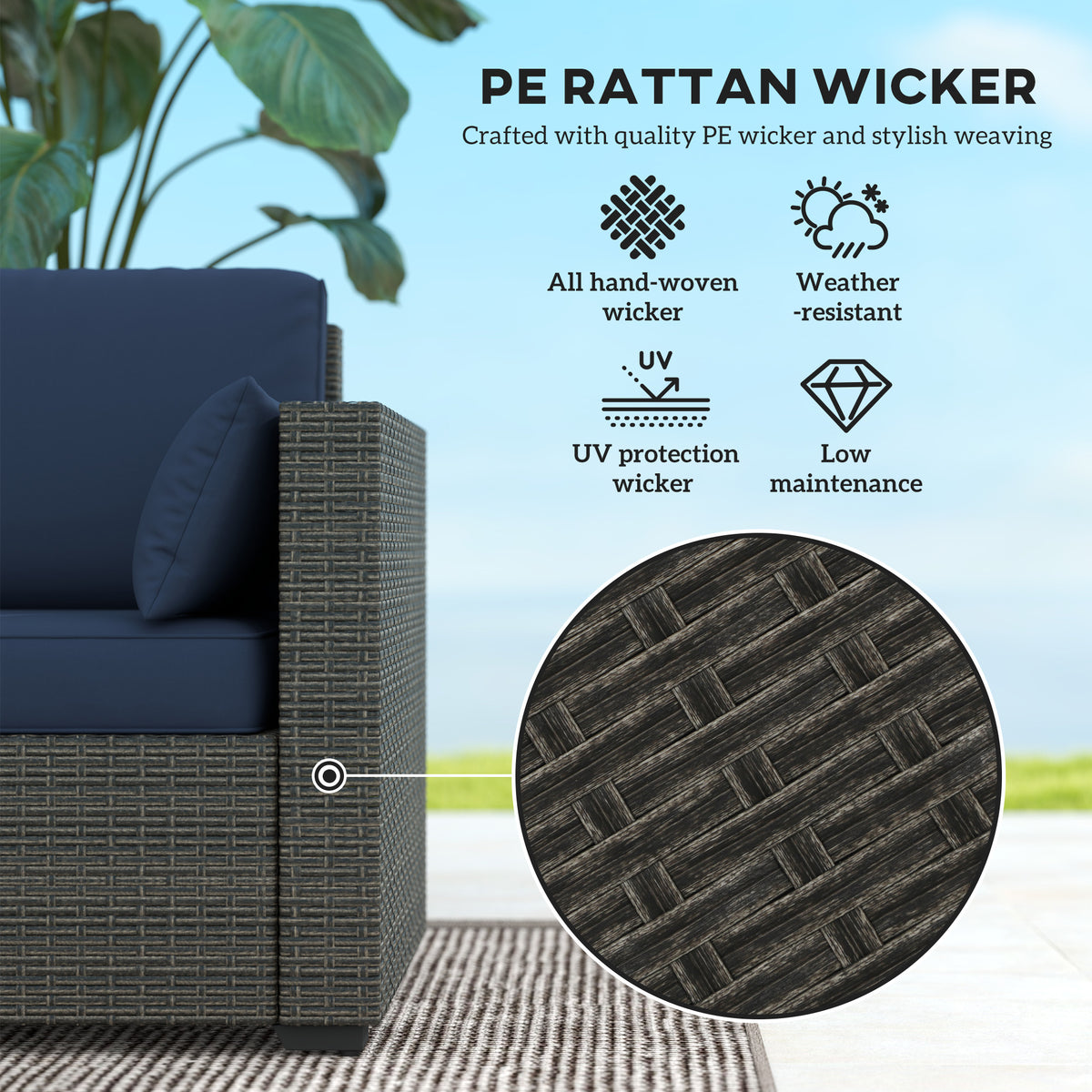 Patio Couch PE Wicker Deep Seating Outdoor Sofa with Removable Cushions, 3 Seater Rattan Sofa, Outdoor Furniture for Balcony, Deck, Garden and Poolside, Navy Blue