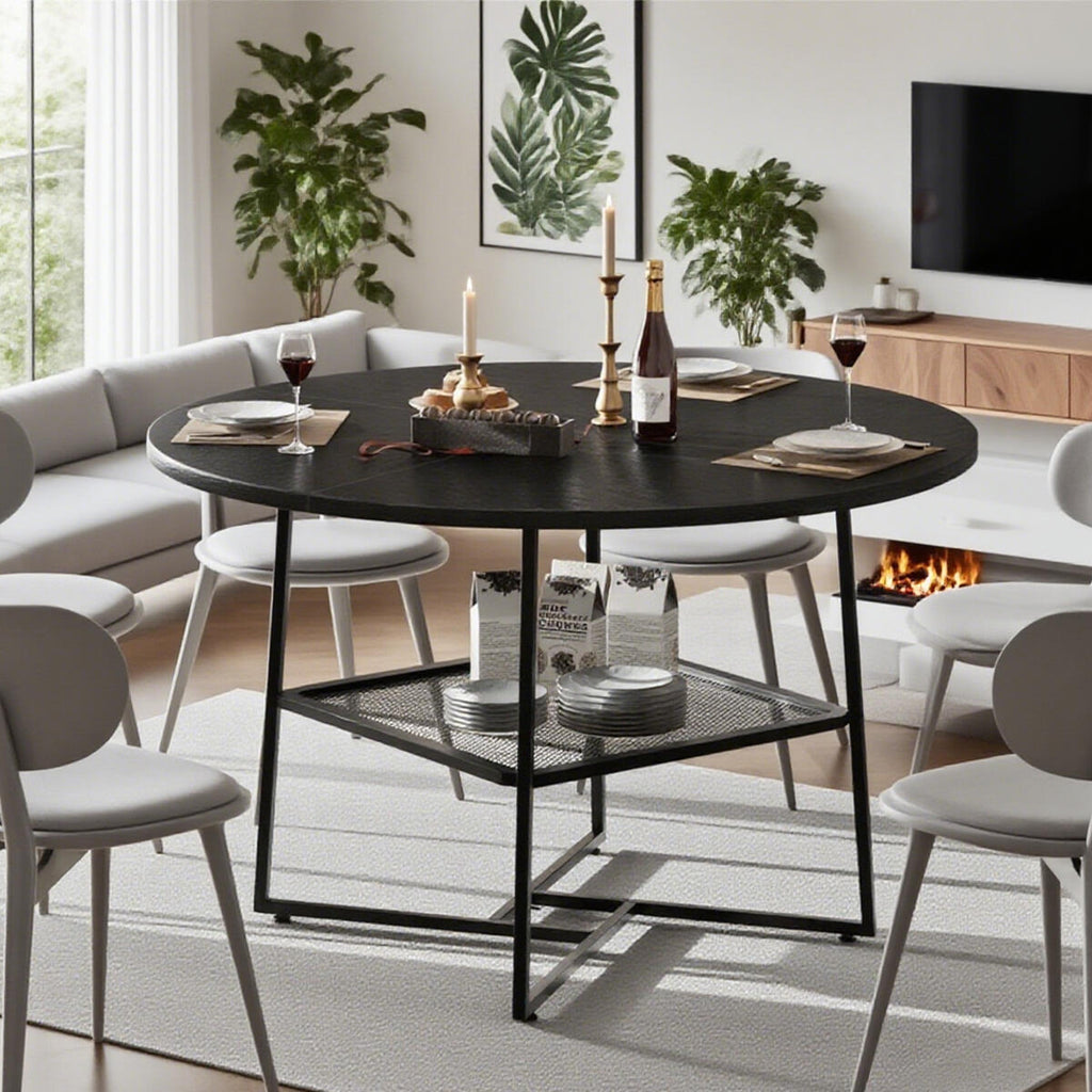 51'' Round Dining Table For 4-6  Black Wooden Dining Room Table With Storage Shelf Space Saving Circle Dinner Table With Metal Legs For Kitchen Living Room Dining Restaurant Furniture