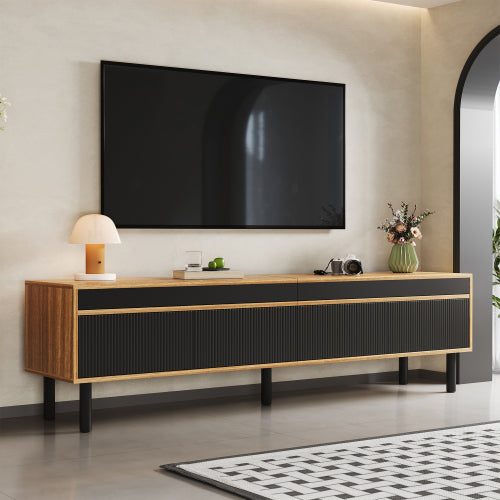 TV Cabinet, TV Table, TV Panel, Low Cabinet With Four Doors. Fine Texture. Black And Wood Color.