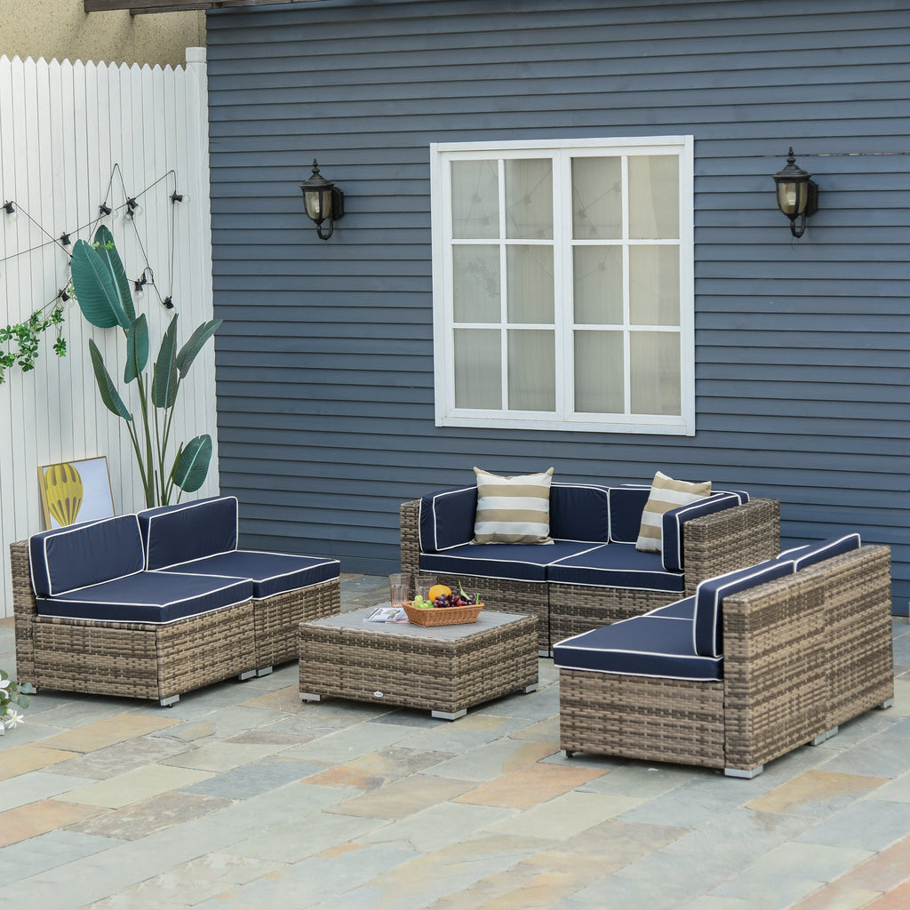 7-Piece Outdoor Wicker Patio Sofa Set, Modern Rattan Conversation Furniture Set with Cushions, Pillows and Tea Table - Blue
