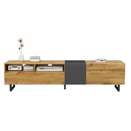 Colorblock TV Cabinet, Simple Contrasting Color Design, Three Doors And Two Compartments, U-Shaped Metal Legs, Retro Wood Grain
