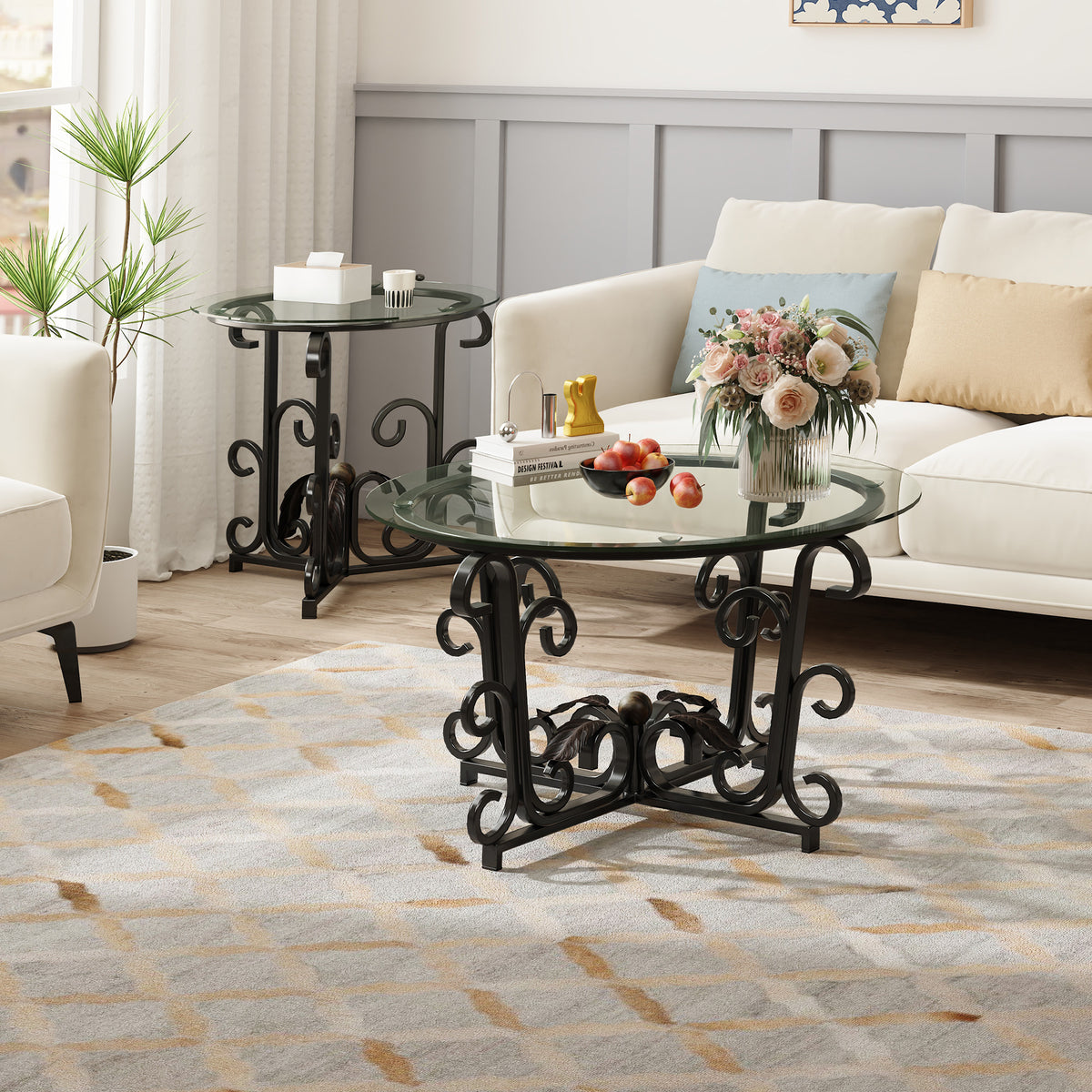3-Piece Coffee Table Set, Tempered Glass Surface With Sturdy Metal Frame Modern Living Room Sets 1 Coffee Table & 2 End Tables