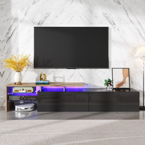 Modern TV Cabinet Design Stylish And Elegant, Practical Storage Space, Black And Wood Look, Glass Shelves, LED Lighting