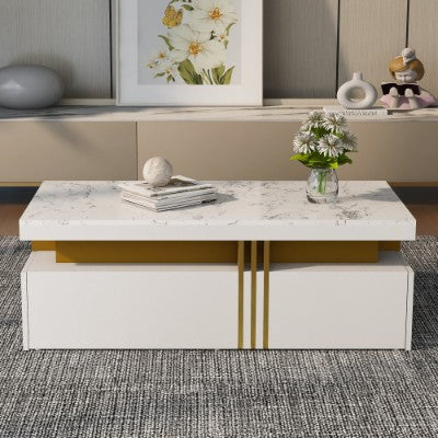 Modern White Rectangular Coffee Table With Marble Pattern Triamine Board Top And 2 Wooden Drawers, Living Room Table, 100x50x40cm