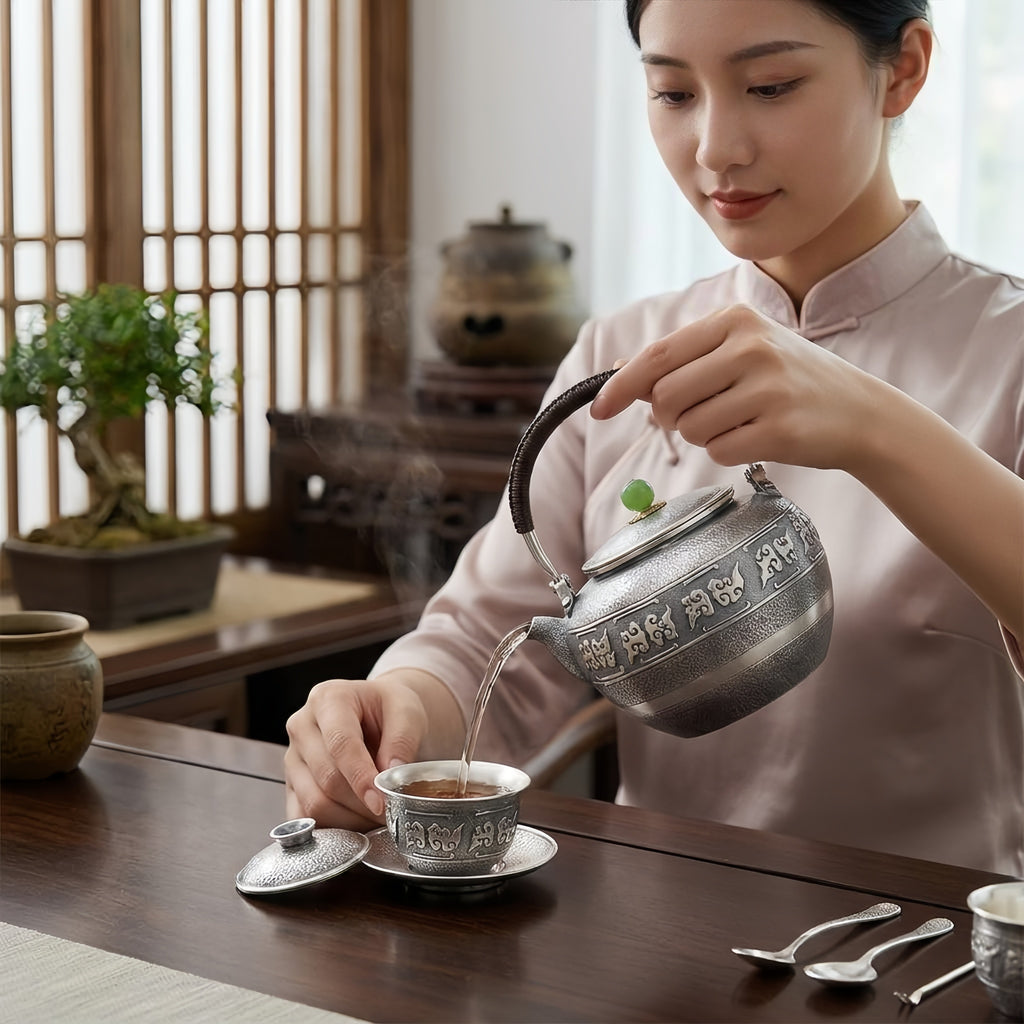 Pure 999 Fine Silver Antique  Teapot with Jade Knob and Intricate Carvings-Fine large teapot - Handicraft