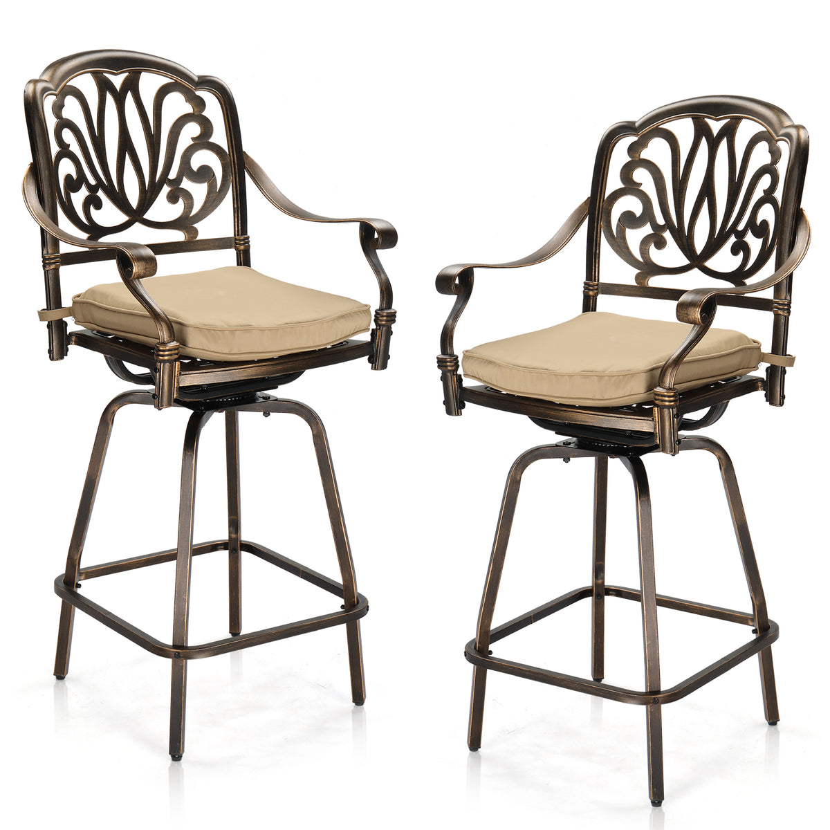 2pcs Bronze Color, Beige Cushion, Cast Aluminum Bar Stool