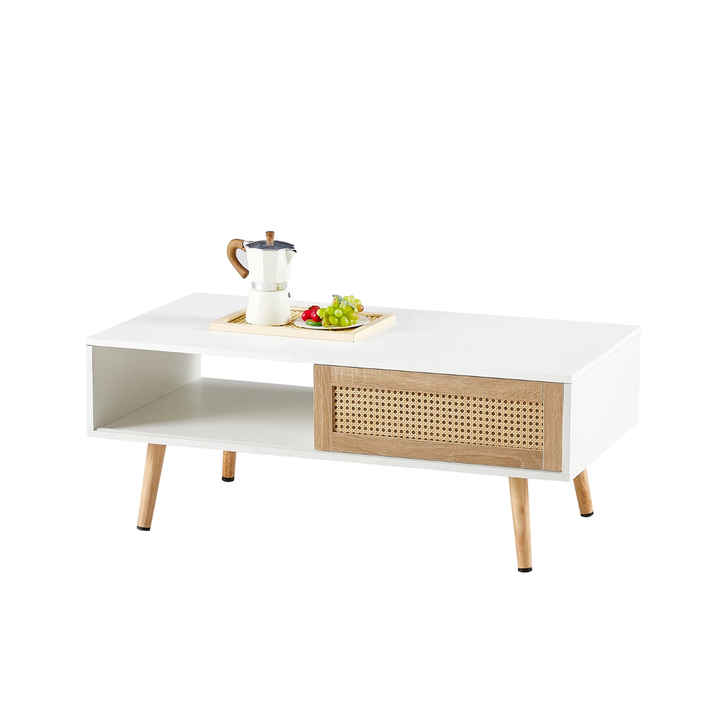 Rattan Coffee Table With Sliding Door And Solid Wood Legs