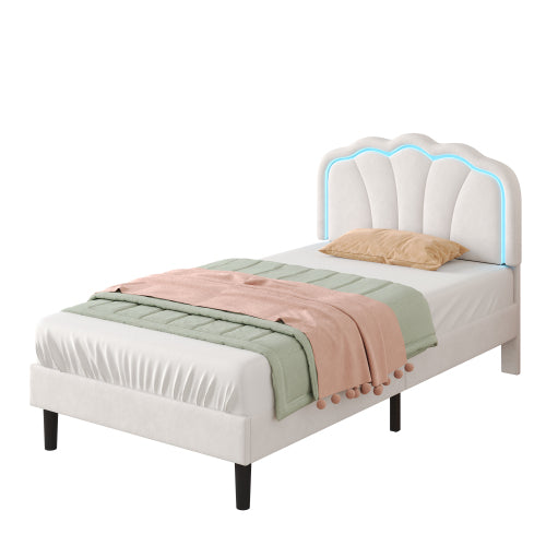 3ft Single Upholstered Bed With LED Adjustable Shell Shape Headboard, Soft Velvet Bed Frame With Solid Wood Slat, No Box Spring Needed, Easy Assembly, Cream White No Mattress