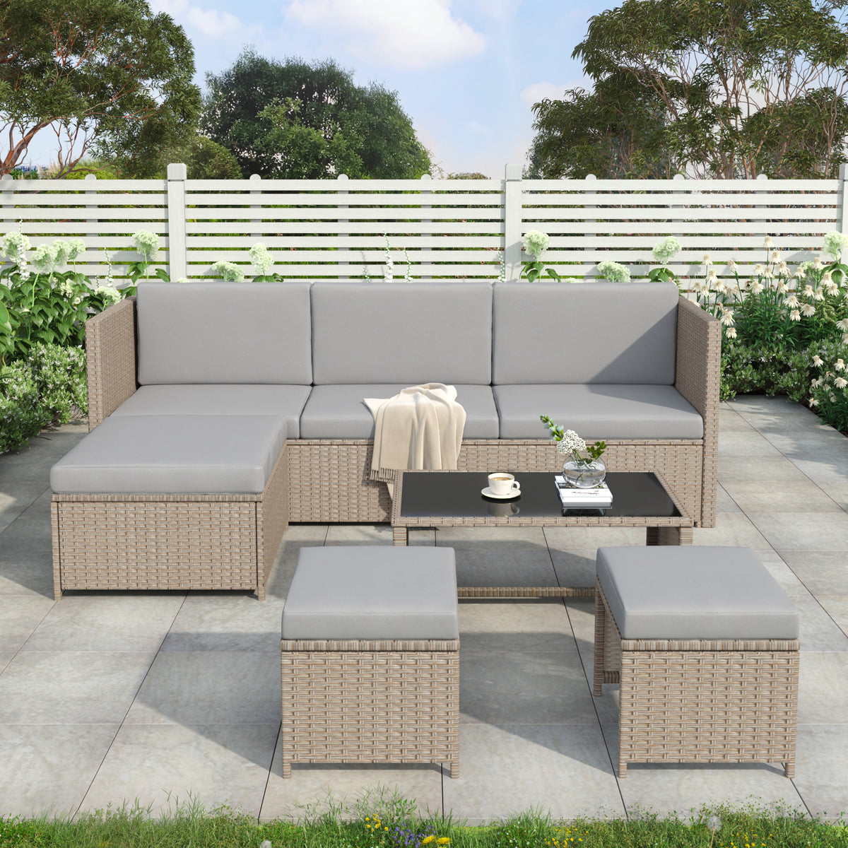 4-6 Seater Garden Lounge Set, Garden Furniture Set, Ratten Sofa, Seating Group, Patio Furniture,Khaki